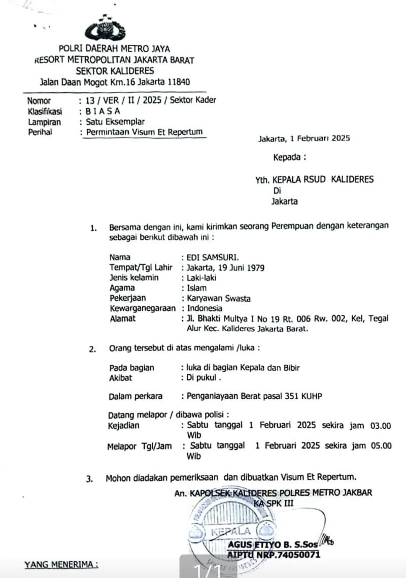 Edi sudah melaporkan hal tersebut ke Polsek Kalideres dengan no laporan 13/VER/II/2025/Sektor Kader.