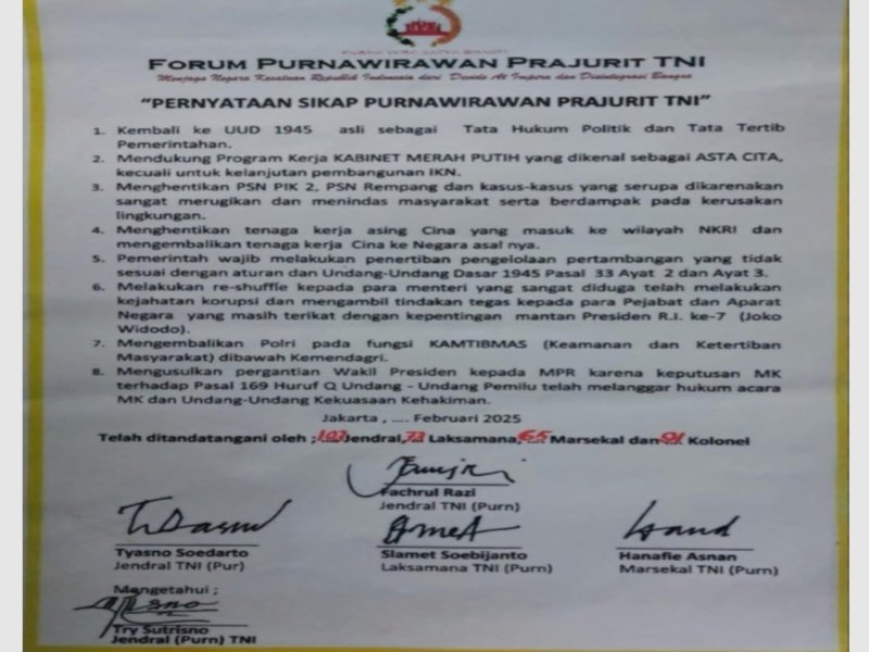 8 poin pernyataan sikap Purnawirawan Prajurit TNI mendesak penggantian wakil presiden RI Gibran