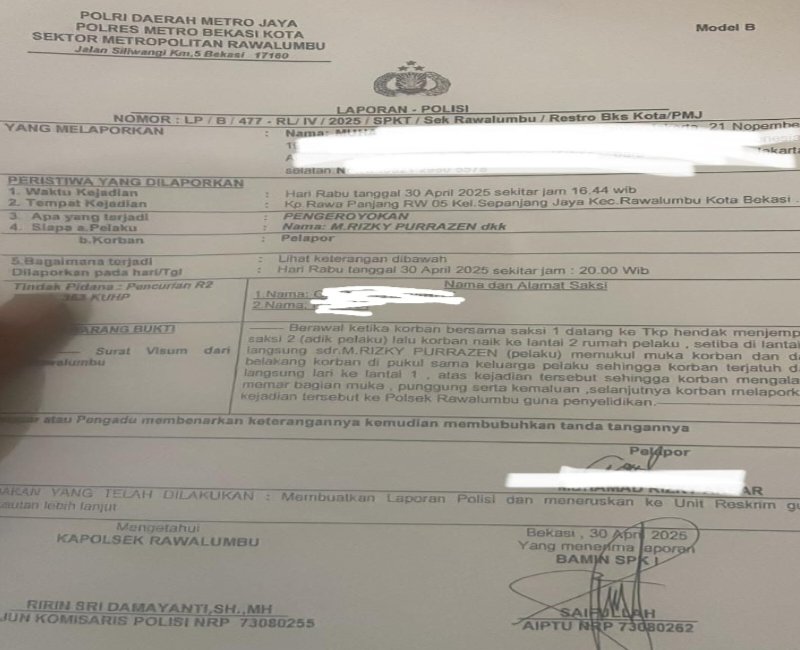 nomor laporan: LP/P/B/477-RL/IV/2025/SPKT/Sek Rawalumbu/Restro Bks Kota/PMJ.