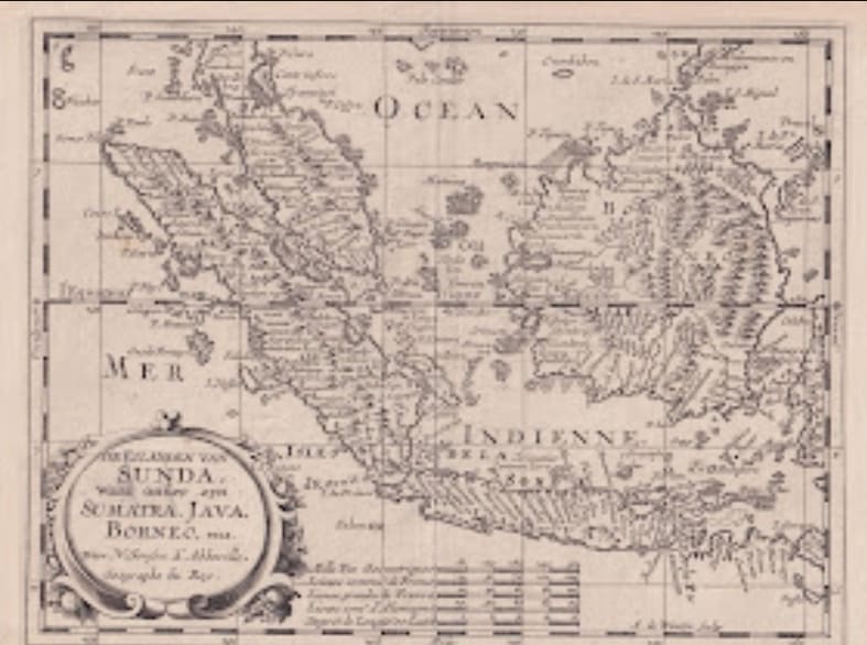 Tahun terbit: ~1700
Tempat terbit: Amsterdam
Tokoh:
Deskripsi: Nicolas Sanson, pembuat peta berbahasa Perancis ini, adalah bapak kartografi Perancis yang wafat di tahun 1667. Peta ini dikeluarkan di Amsterdam di sekitar tahun 1700, dengan judul dalam bahasa Belanda De eilanden van Sunda, yang mengesankan bahwa judul aslinya 